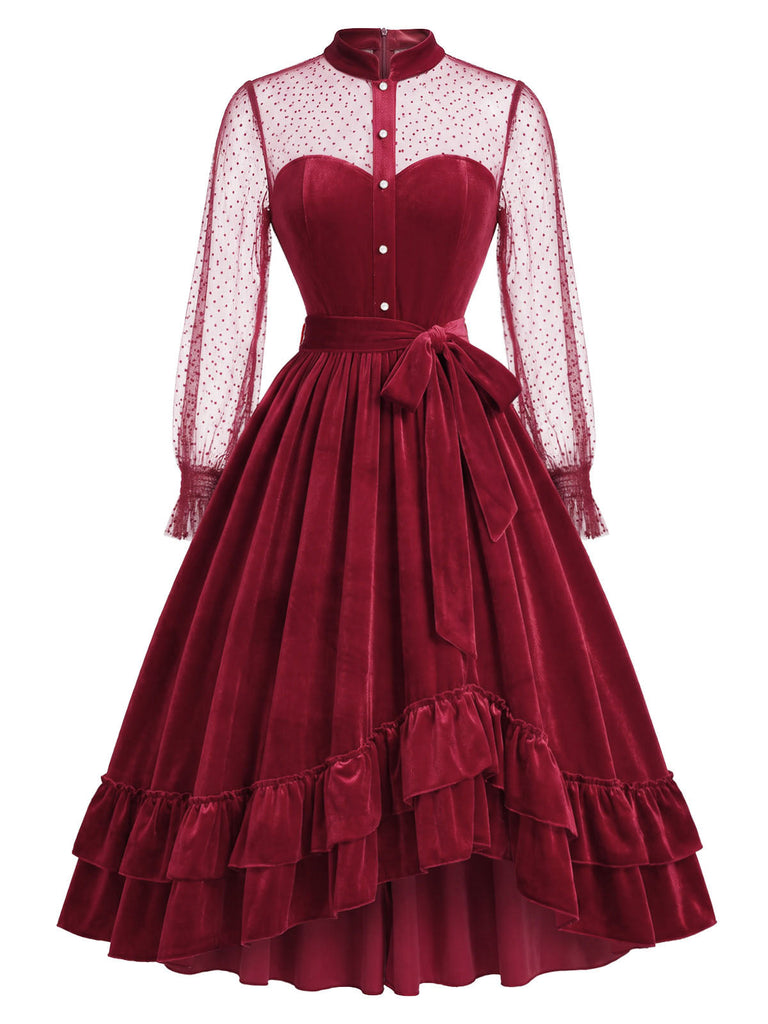 [Prévente] Robe rouge en velours à volants et manches transparentes à pois Années 1950 - 2