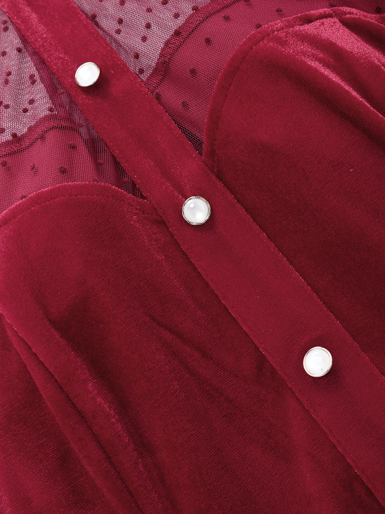 [Prévente] Robe rouge en velours à volants et manches transparentes à pois Années 1950 - 6