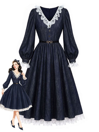 [Prévente] Robe bleue à empiècements en dentelle et manches ballon Années 1940 - 1