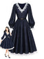 [Prévente] Robe bleue patchwork de dentelle manches lanternes années 1940