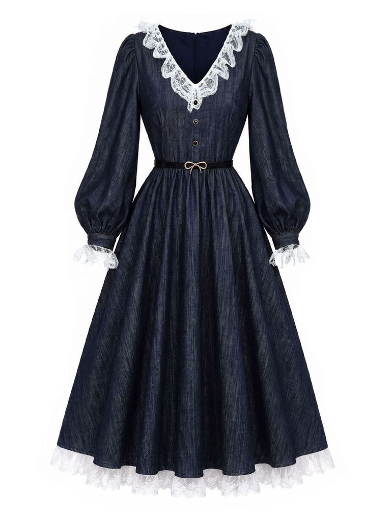 [Prévente] Robe bleue à empiècements en dentelle et manches ballon Années 1940 - 3