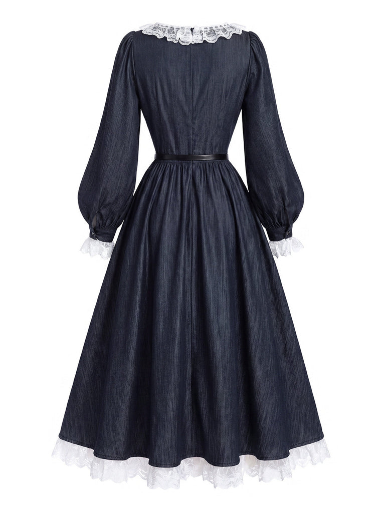 [Prévente] Robe bleue à empiècements en dentelle et manches ballon Années 1940 - 5