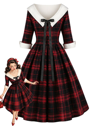 [Prévente] Robe rouge et noire à carreaux écossais et col Chelsea Années 1950 - 1