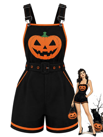 Salopette noir Halloween à citrouilles et poches Années 1960