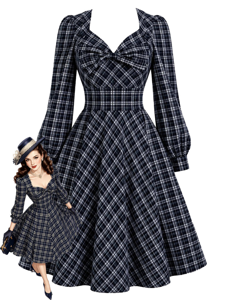 [Prévente] Robe trapèze bleu foncé à carreaux, nœud et manches longues Années 1950 - 1