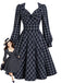 [Prévente] Robe trapèze bleu foncé à carreaux, nœud et manches longues Années 1950 - 1