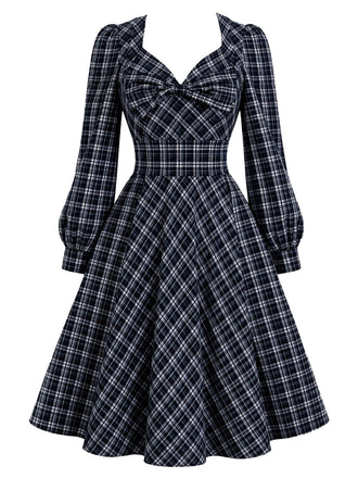 [Prévente] Robe trapèze bleu foncé à carreaux, nœud et manches longues Années 1950 - 2