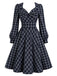 [Prévente] Robe trapèze bleu foncé à carreaux, nœud et manches longues Années 1950 - 2