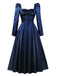 Robe midi rouge à col carré, manches bouffantes et corset années 1940