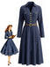 Robe bleu foncé à revers, col V et boutons décoratifs années 1940 - 1