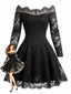 Robe noire dentelle motif floral épaules dénudées et effet illusion années 50