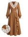 [Prévente] Robe marron en dentelle à col V, manches bouffantes et volants Années 1930 - 2