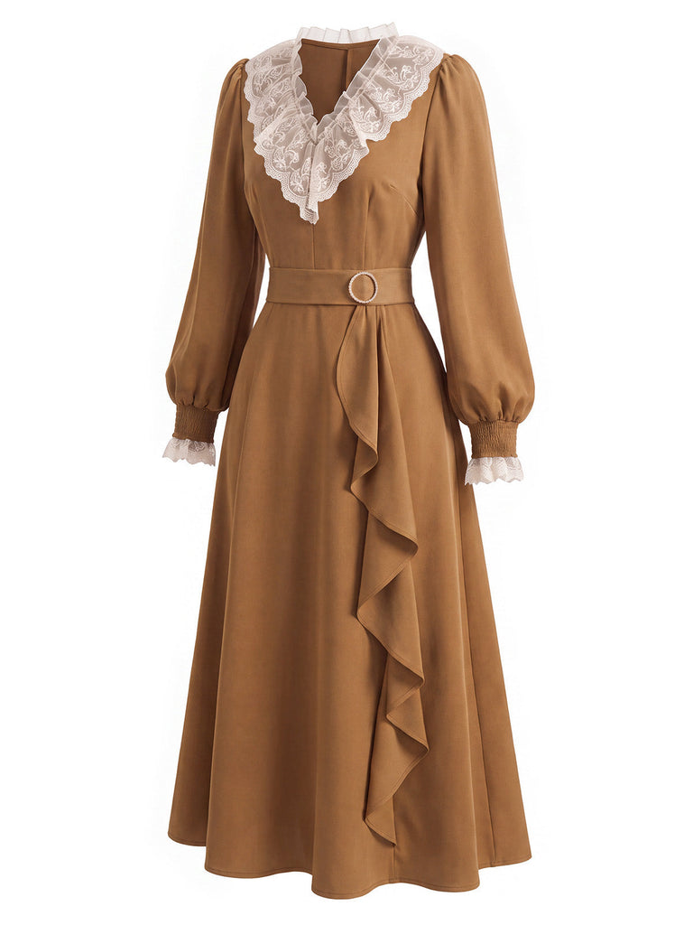 [Prévente] Robe marron en dentelle à col V, manches bouffantes et volants Années 1930 - 4