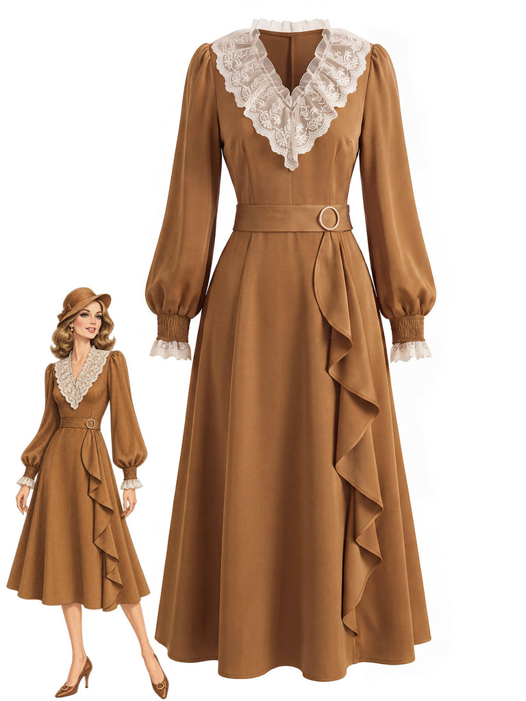 [Prévente] Robe marron en dentelle à col V, manches bouffantes et volants Années 1930 - 1