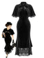 [Prévente] Robe sirène noire velours et dentelle façon patchwork cape volants années 1930