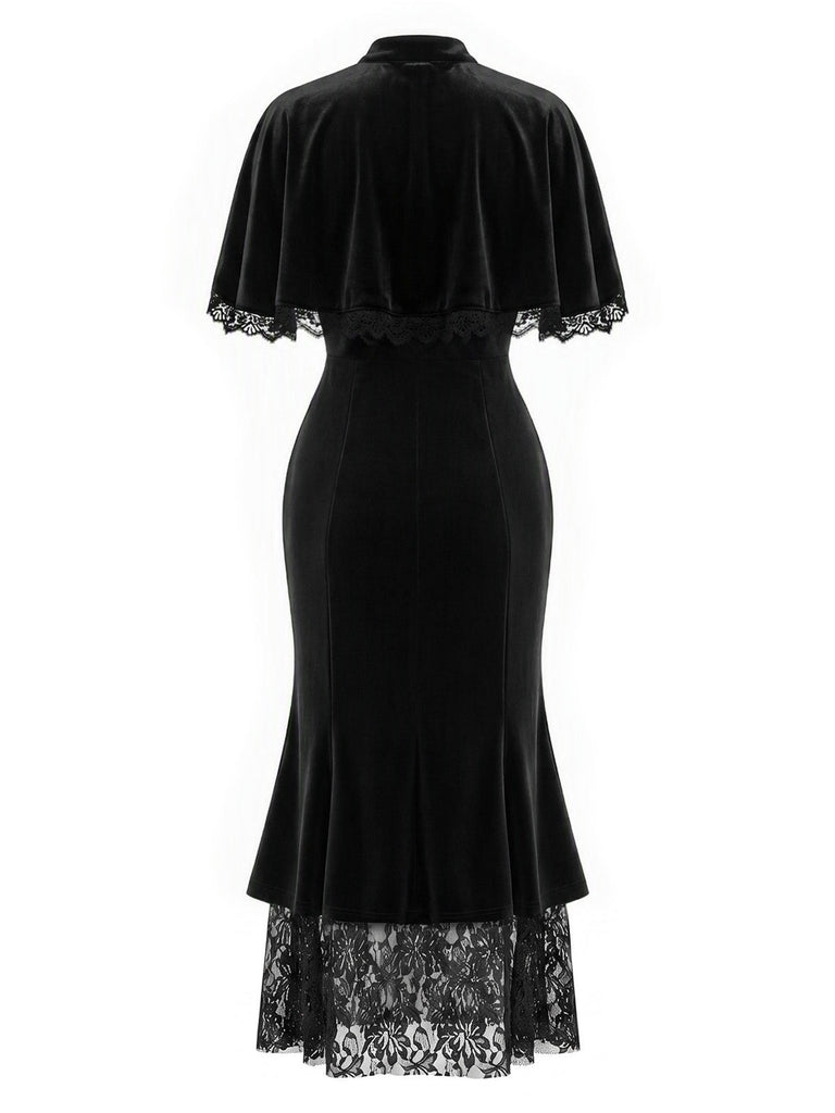 [Prévente] Robe sirène noire en velours et dentelle avec cape à volants Années 1930 - 4