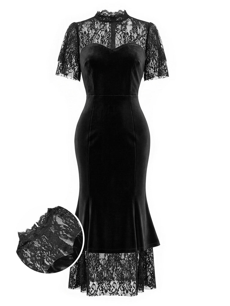 [Prévente] Robe sirène noire en velours et dentelle avec cape à volants Années 1930 - 5