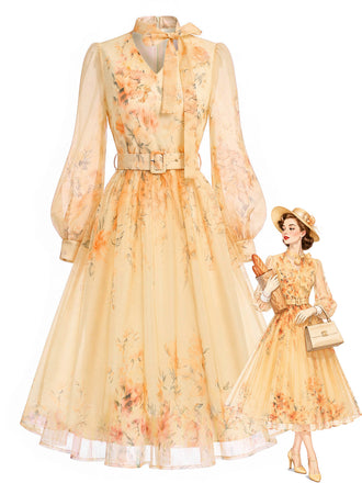 [Prévente] Robe orange en maille à fleurs, col V et manches ballon Années 1950 - 1