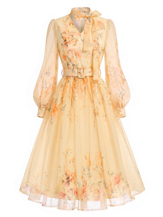 [Prévente] Robe orange en maille à fleurs, col V et manches ballon Années 1950 - 2