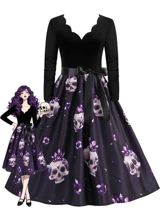 Robe évasée violette à imprimé crânes en cristal col pétale années 1950
