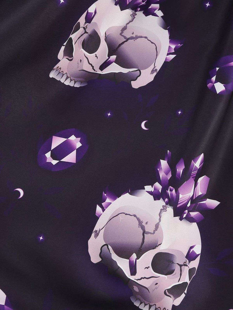 Robe évasée violette à imprimé crânes en cristal col pétale années 1950