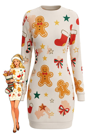 Robe de Noël beige à manches longues et imprimé pain d’épices Années 1960 - 1