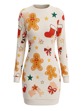 Robe de Noël beige à manches longues et imprimé pain d’épices Années 1960 - 2