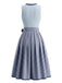 Ensemble 2PCS bleu avec robe florale à col carré, tablier et top court Années 1950