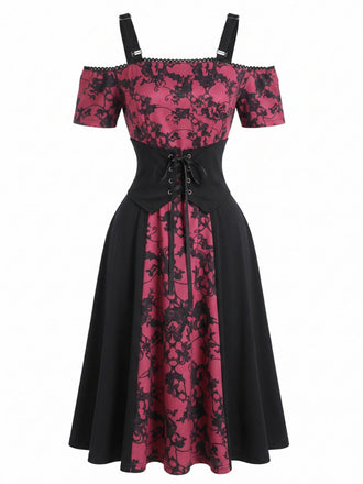 Robe gothique rose-violet à fleurs et corset pour Halloween années 1950