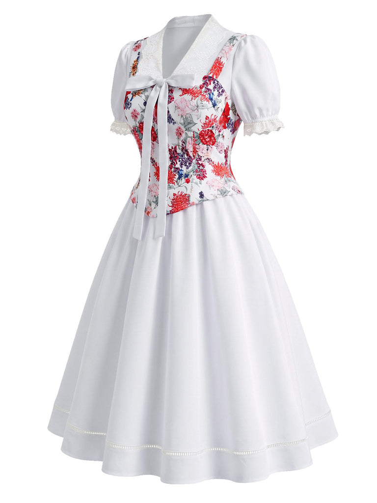[Prévente] Ensemble corset à imprimé fleurs et robe blanche à nœud Années 1950 - 3