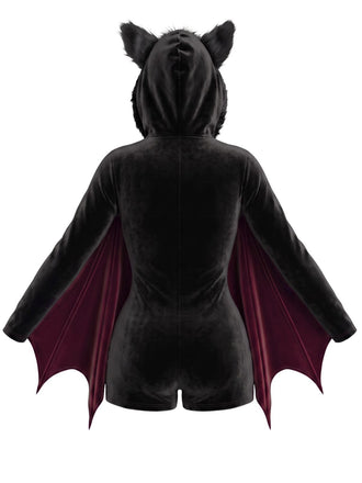 Combishort Bordeaux d’Halloween ailes de chauve-souris en Velours à Capuche années 1960