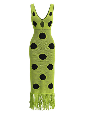 Robe à pois en maille ajourée, col V et franges années 1980