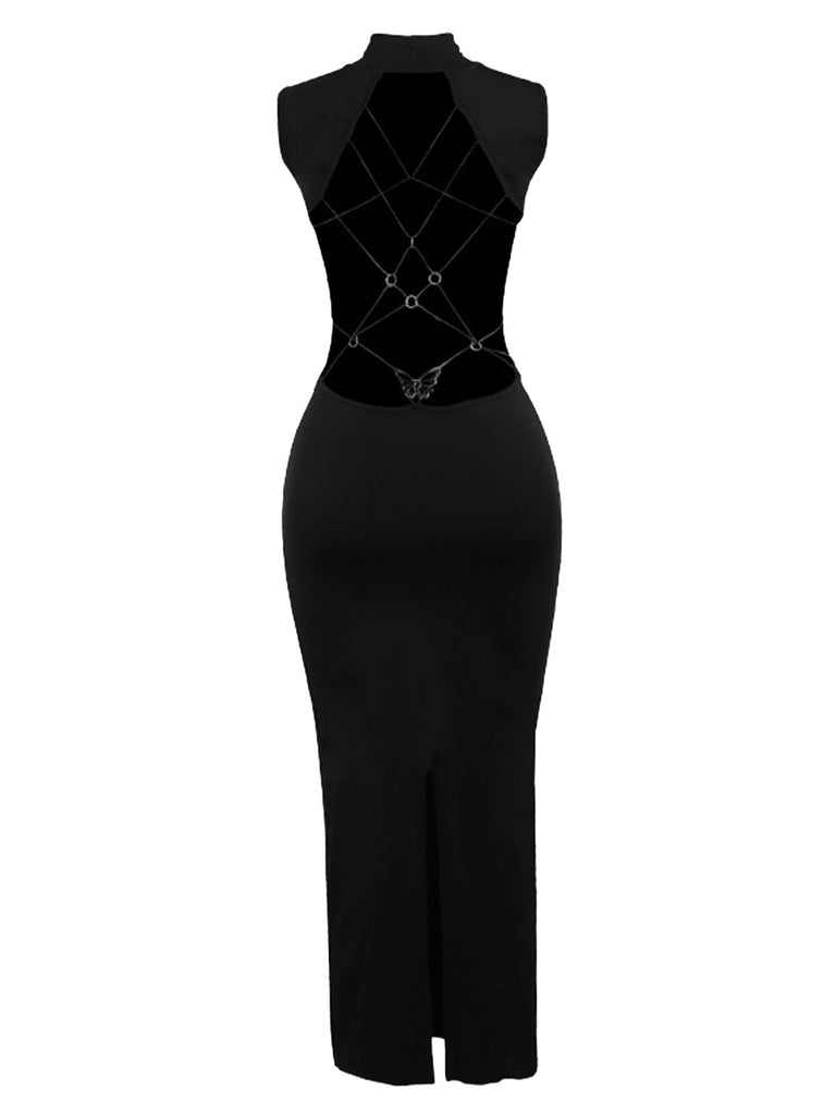 Robe de soirée moulante noire sans manches à dos nu et papillon Années 1980 - 5