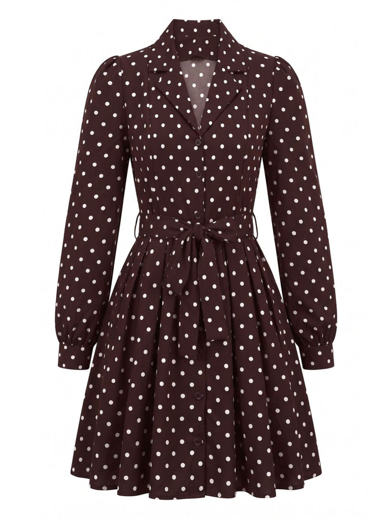 Robe marron à pois, col à revers, boutons et ceinture Années 1960 - 3