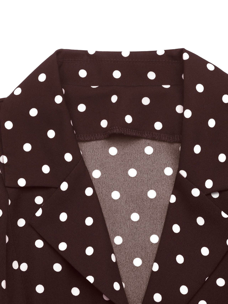 Robe marron à pois, col à revers, boutons et ceinture Années 1960 - 8
