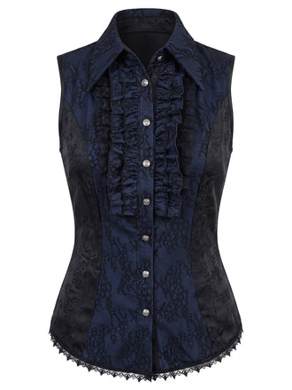 Blouse gothique bleu foncé en jacquard et dentelle à boutons années 1960