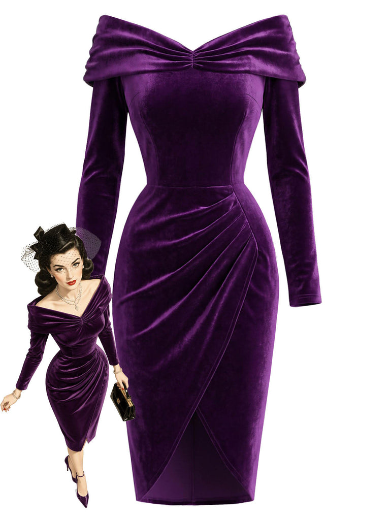 [Prévente] Robe moulante violette en velours à épaules dénudées Années 1960 - 1