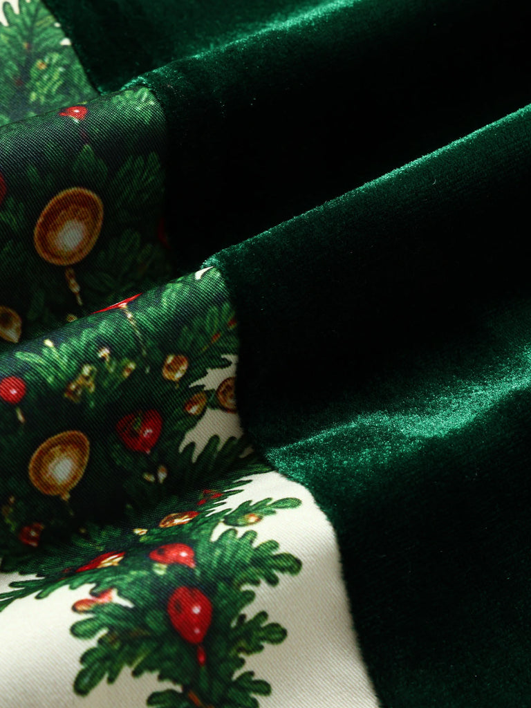 [Prévente] Robe verte en velours à imprimé sapins de Noël Années 1950 - 7