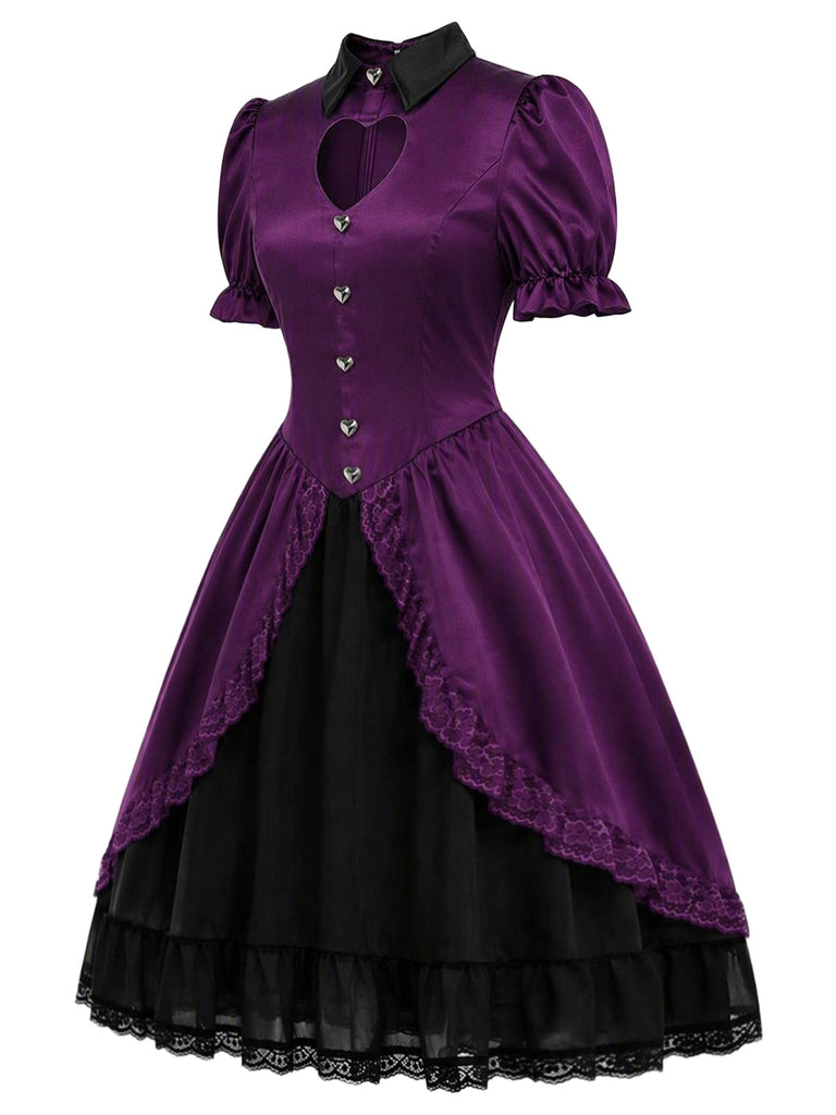 [Prévente] Robe gothique Lolita violet profond en satin à découpe cœur Années 1940 - 3