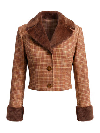 [Prévente] Veste courte marron à carreaux, col cranté et fausse fourrure Années 1940 - 2