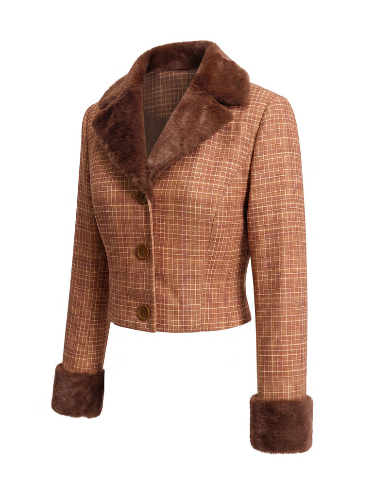 [Prévente] 2PCS Ensemble veste courte marron à carreaux, col cranté et fausse fourrure avec jupe Années 1940 - 6