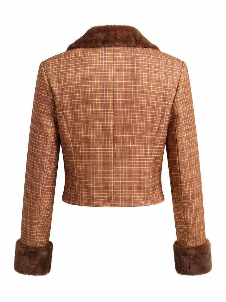 [Prévente] 2PCS Ensemble veste courte marron à carreaux, col cranté et fausse fourrure avec jupe Années 1940 - 7