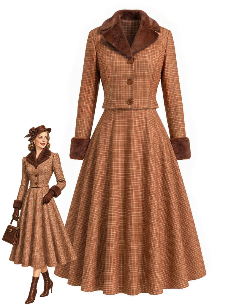 [Prévente] 2PCS Ensemble veste courte marron à carreaux, col cranté et fausse fourrure avec jupe Années 1940 - 1