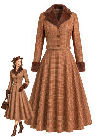 [Prévente] 2PCS Ensemble veste courte marron à carreaux, col cranté et fausse fourrure avec jupe Années 1940 - 1