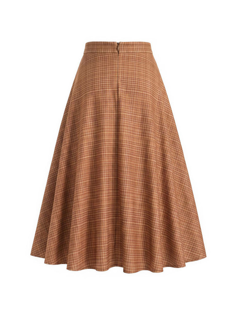 [Prévente] Jupe midi marron à carreaux, taille haute et poches Années 1940 - 4