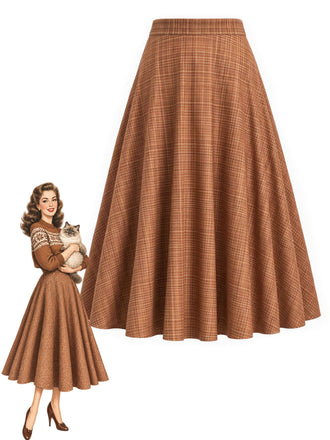 [Prévente] Jupe midi marron à carreaux, taille haute et poches Années 1940 - 1