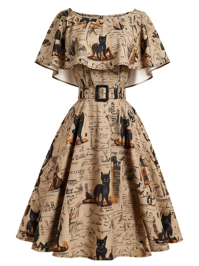 [Prévente] Robe kaki à imprimé journal et chat et ceinture années 1950