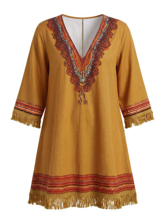 Robe bohème marron col V et franges pompons années 70