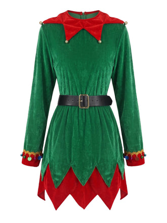 Ensemble costume de lutin de Noël vert en velours à grelots et ceinture Années 1940 - 2