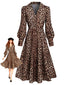 Robe marron motif léopard col V et manches ballon années 40